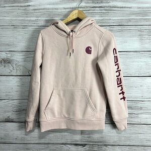 Carhartt Women′s Relaxed Fit Hoodie with Sleeve Logo - Ash Rose P15 - XS